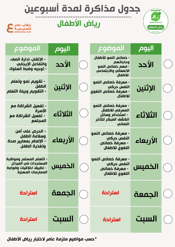 جدول مذاكرة الرخصة المهنية رياض الأطفال