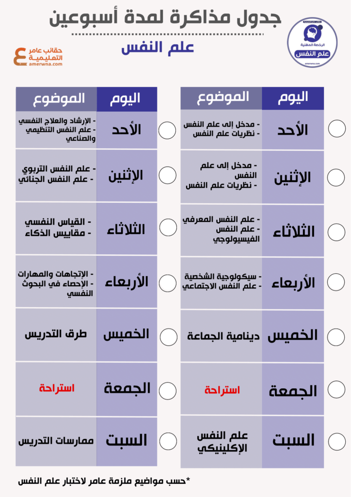 جدول مذاكرة الرخصة المهنية علم النفس